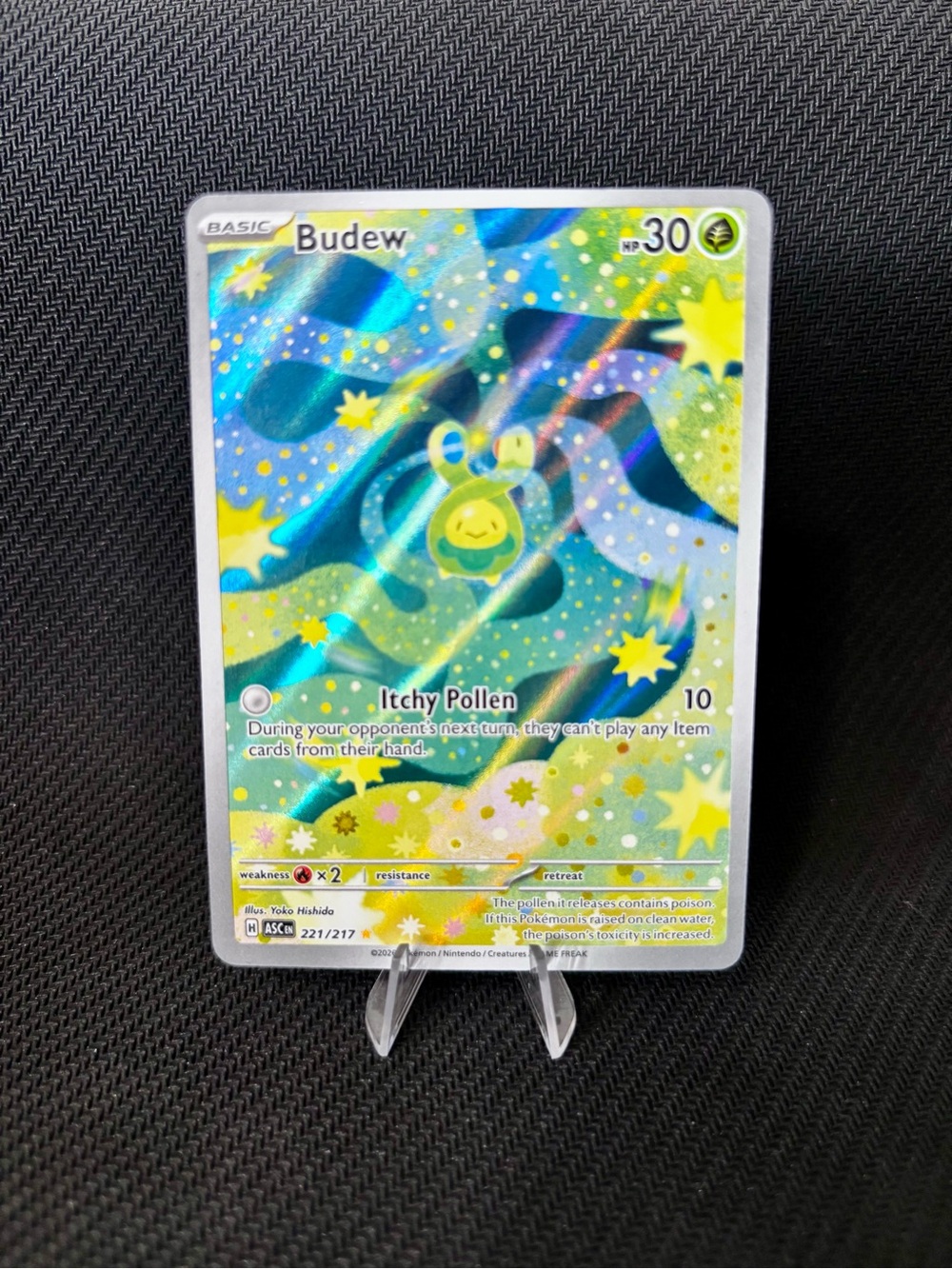 Pokemon Budew Holographic Card - Blue Green Yellow